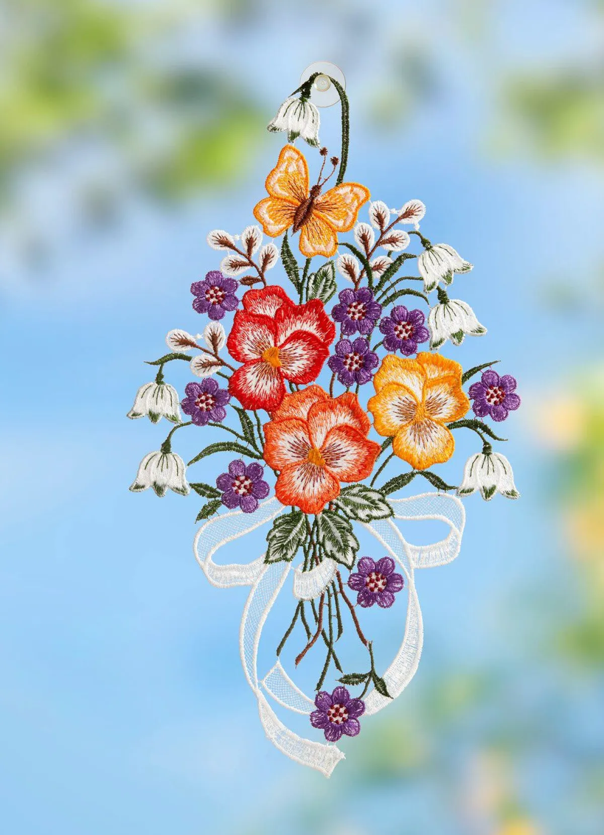 PLAUENER SPITZE Fensterbild mit Blumen-Motiv