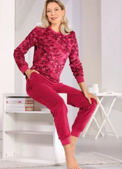 Damen BADER Frottierstretch Schlafanzug mit Rundhals und Bündchen