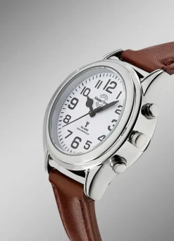 Damen MASTER TIME Funk-Damenuhr mit Lederband und sprechender Zeitansage