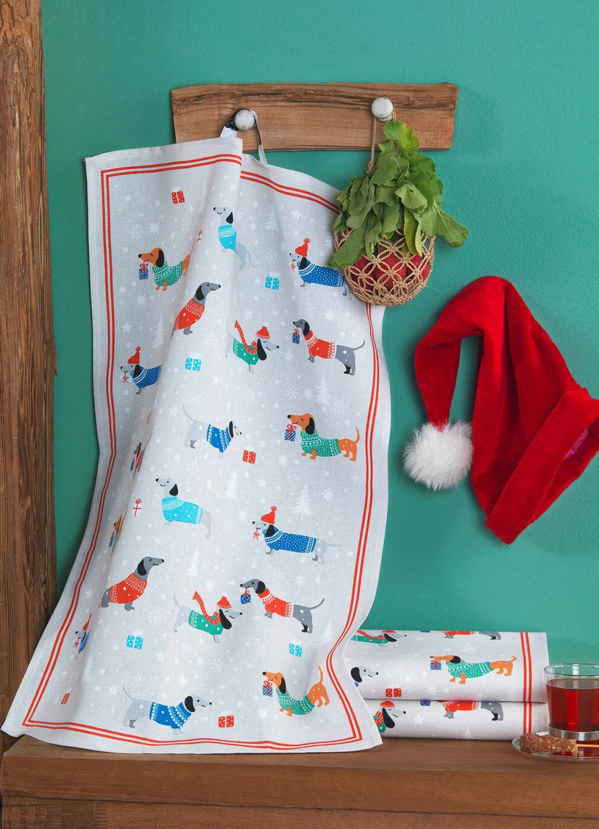 BADER Geschirrtücher mit Weihnachtsdackel-Motiv, 3er-Set