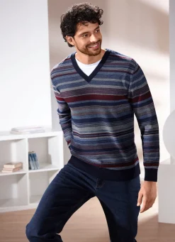 Herren BADER Gestreifter V-Pullover in 2 Farben