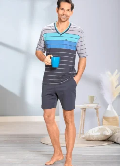 Herren HAJO NACHTMODE Hajo Klima Komfort Shorty mit V-Ausschnitt und garngefärbtem Ringel