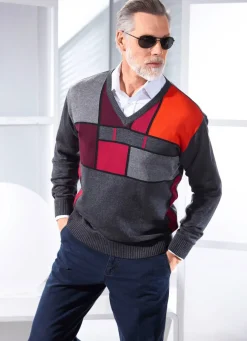 Herren BADER Interessanter V-Pullover mit Grafikmuster