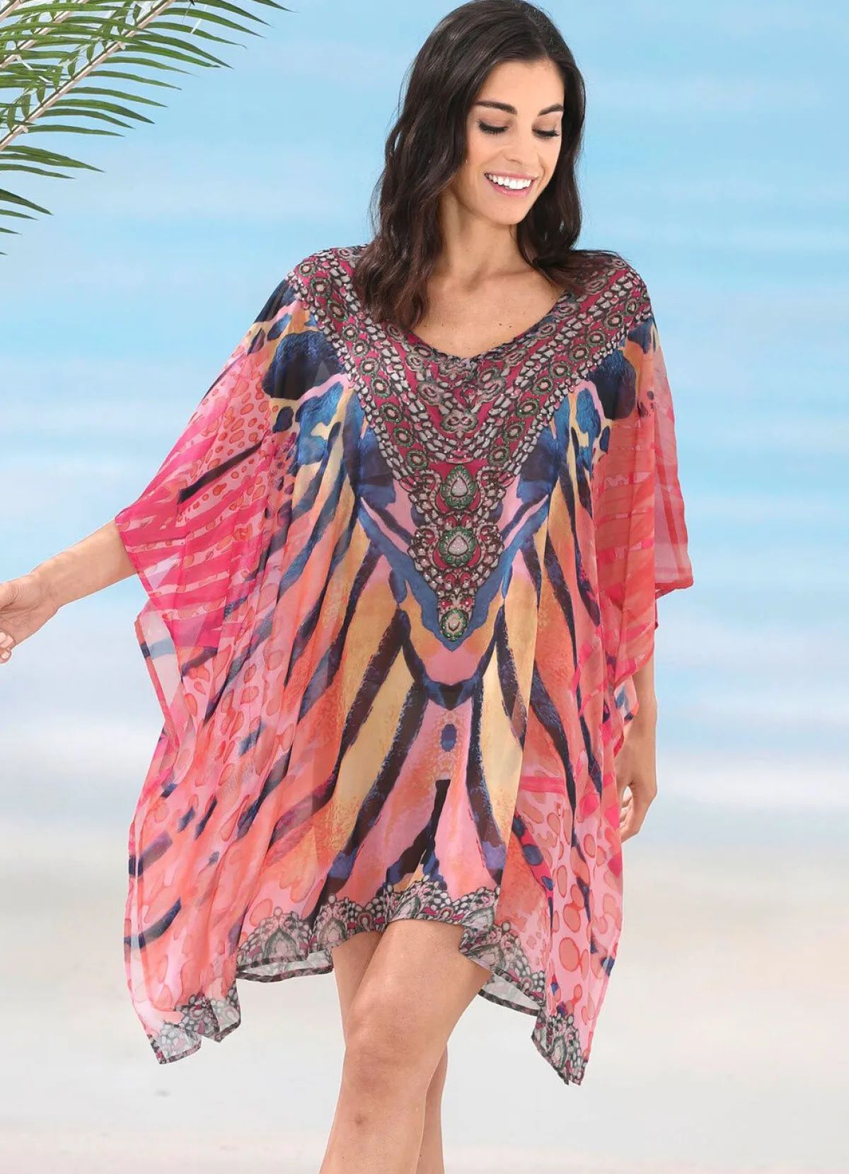Damen LAURINA Tunika mit Schmucksteinchen, leicht transparent