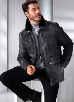 Herren BADER Lederjacke mit abtrennbarem Webpelzkragen