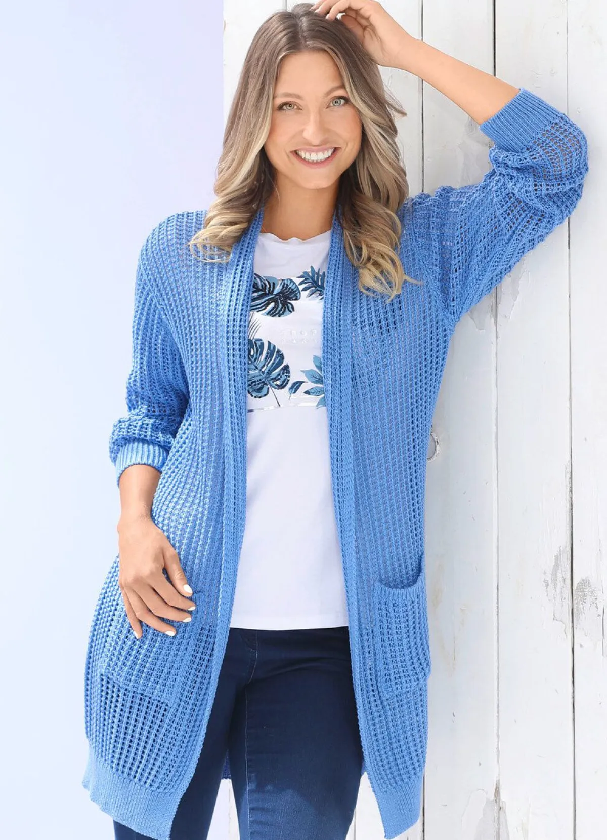 Damen BADER Long-Strickjacke in streckender Streifenoptik