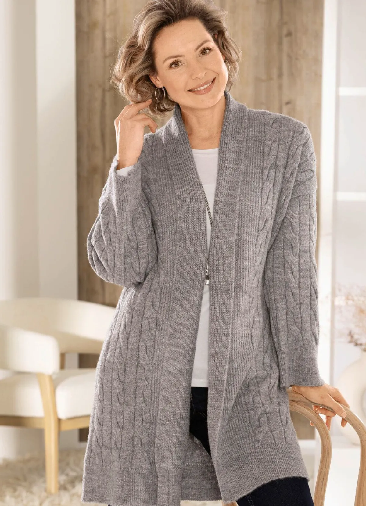 Damen BADER Long-Strickjacke mit Zopfmuster