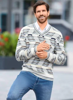 Herren BADER Modischer V-Pullover mit Intarsienmuster