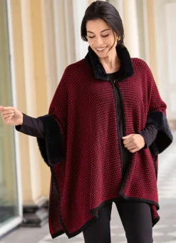 Damen BADER Poncho mit Kunstpelzbesätzen