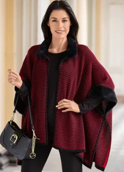 Damen BADER Poncho mit Kunstpelzbesätzen