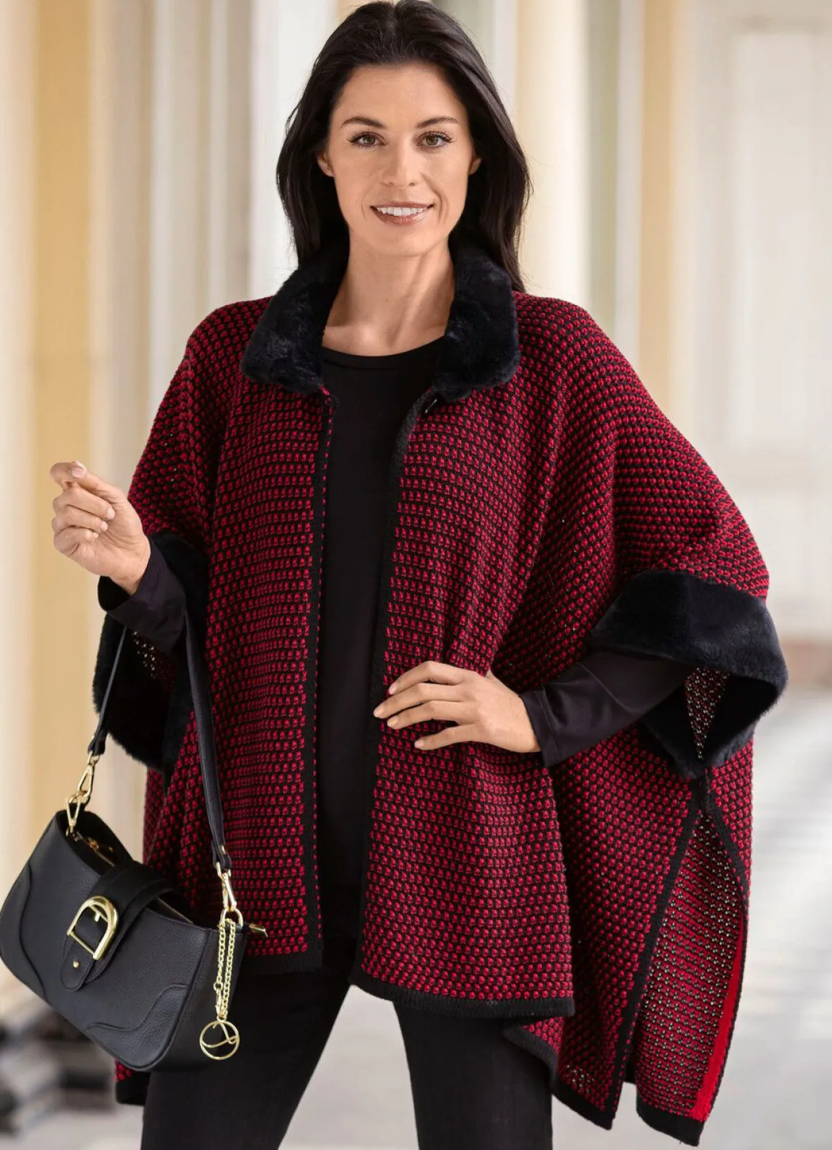 Damen BADER Poncho mit Kunstpelzbesätzen