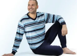 Herren BADER Schlafanzug aus Frottierstretch mit Bündchenabschlüssen, V-Ausschnitt und garngefärbtem Ringeldessin