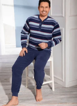 Herren BADER Schlafanzug aus Frottierstretch, mit Knopfleiste und Bündchenabschlüssen