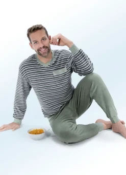 Herren BADER Schlafanzug mit Bündchenabschlüssen, V-Ausschnitt und garngefärbtem Ringeldessin