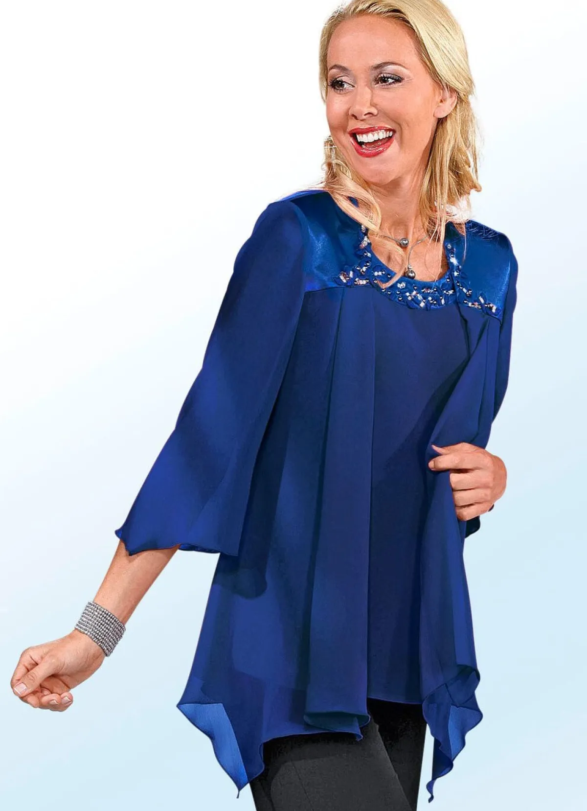 Damen BADER 2-teiliges Blusen-Set mit glänzendem Satin-Besatz