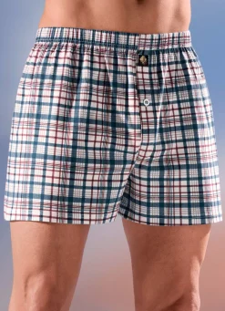Herren BADER Viererpack Boxershorts, kariert, knöpfbarer Eingriff
