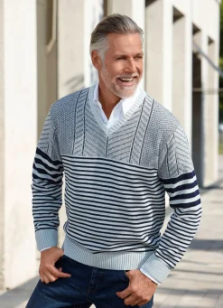 Herren BADER V-Pullover mit Streifen- und Strukturdessin
