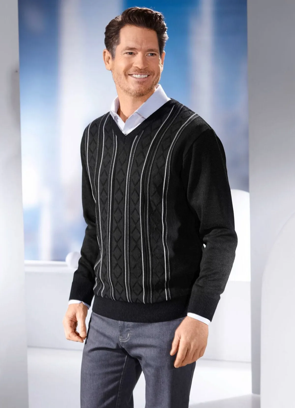 Herren BADER V-Pullover mit Strukturdessin in 3 Farben
