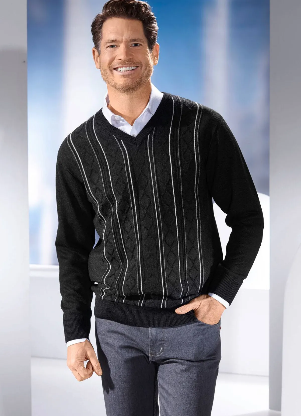 Herren BADER V-Pullover mit Strukturdessin in 3 Farben