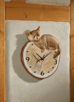 BADER Wanduhr mit Katze in Baumscheibenoptik